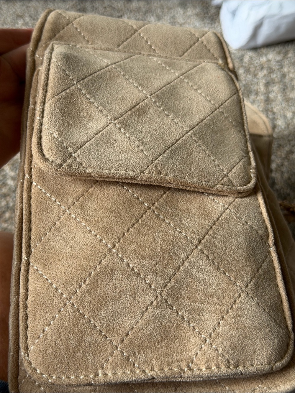 Suede Quilted Drawstring Shoulder Bag in Beige - Picture 10 of 15